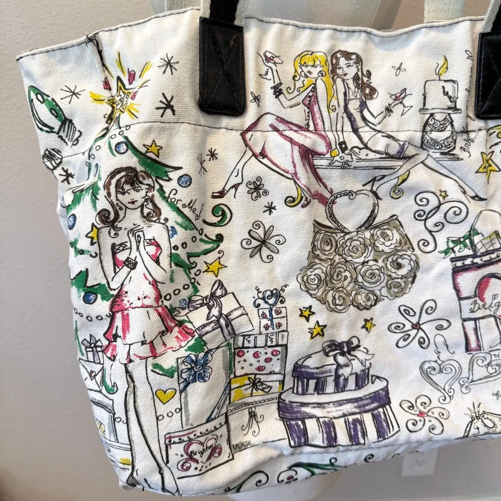 Brighton Happy Holidays Canvas Tote Bag White Multi Fashion Sketch Christmas